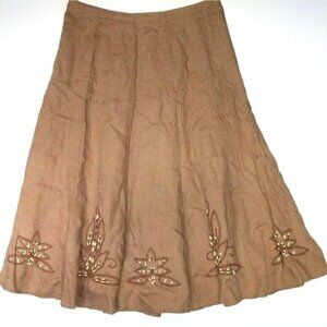 Womens 100% Linen skirt modest peasant boho Sz 4 tan embroidered beaded Sunny